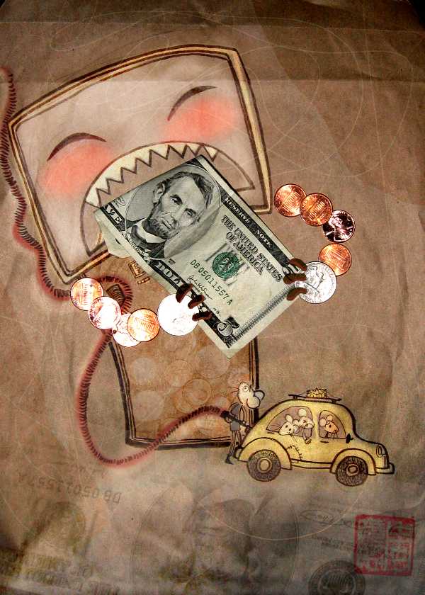 Mixed medium collage of money and drawings