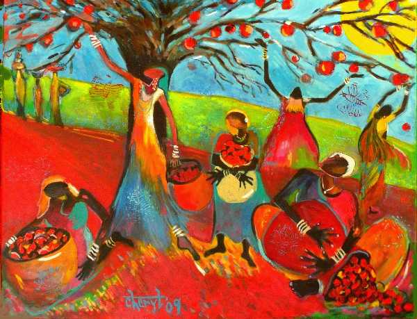 Painting of women harvesting fruit